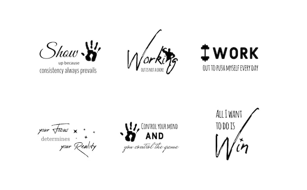 Set hand lettering inscriptions about fitness to motivation quotes posters