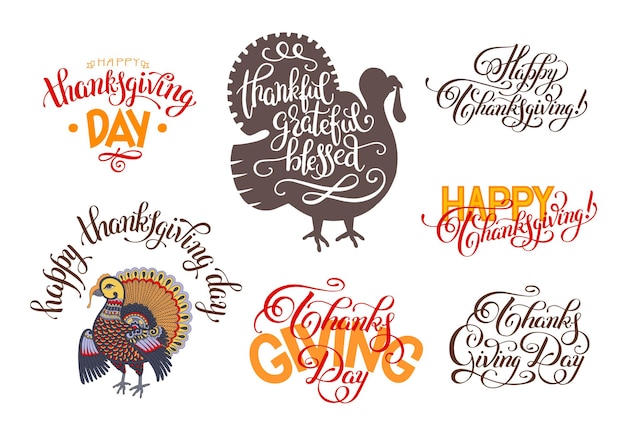 Vector set of hand lettering inscriptions to thanksgiving day collection for greeting card, print, poster, flayer or holiday design, calligraphy vector illustration