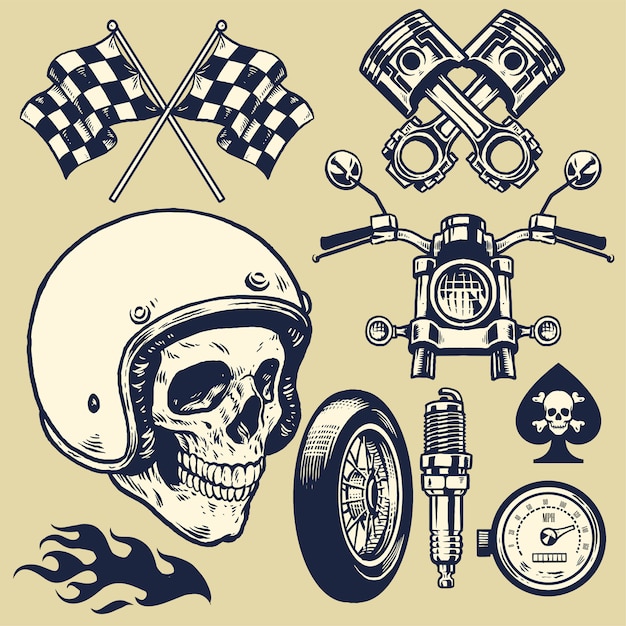 Set of hand made on vintage motorcycle element and skull