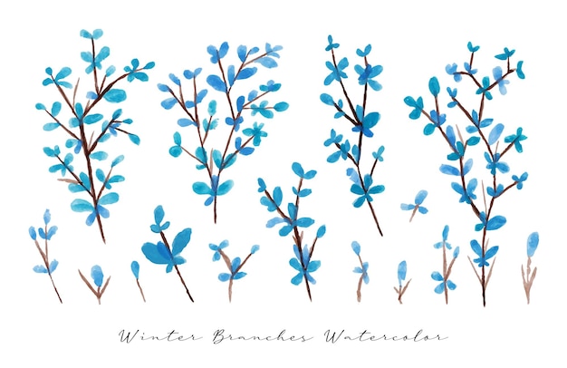 a set of hand painted blue leaf branch watercolor