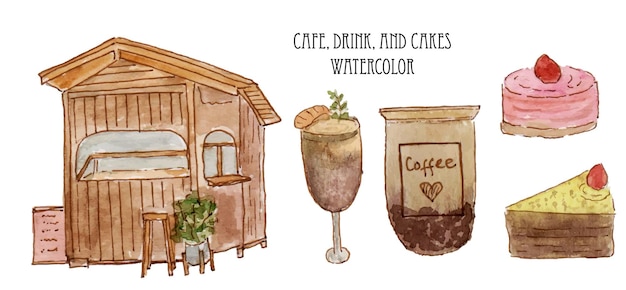手描きのカフェドリンクとケーキの水彩画のセット