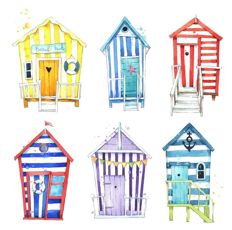 Vector set of hand painted colorful watercolor beach huts