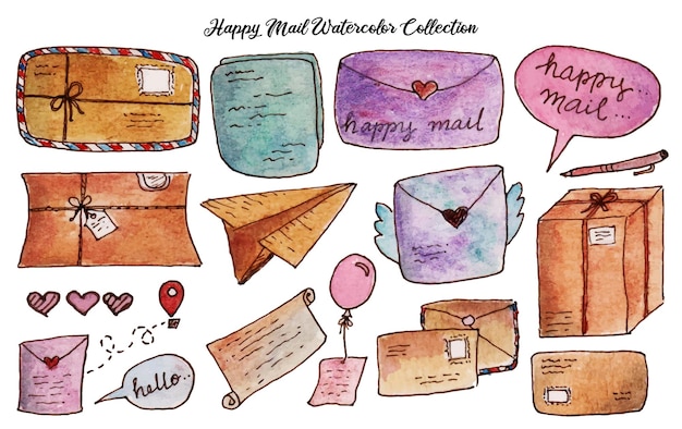 A set of hand painted happy mail watercolor