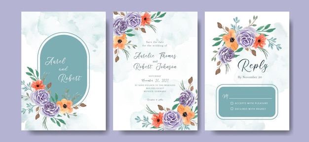 Set of hand painted watercolor purple orange florals arrangements invitation card template