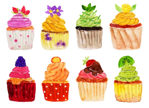 Vector a set of hand painted yummy cupcake watercolor