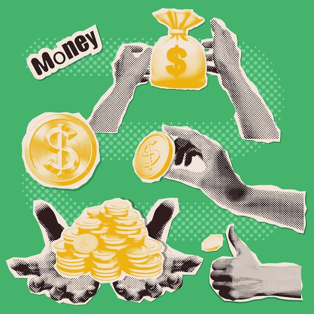 Set di elementi adesivi di carta a mano che contengono denaro per collage a mezza tonalità illustrazione vettoriale retro yk