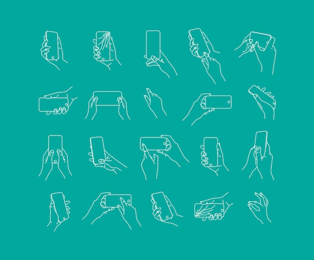 Set of hand phone in different positions and navigation drawing with thin lines on blue background