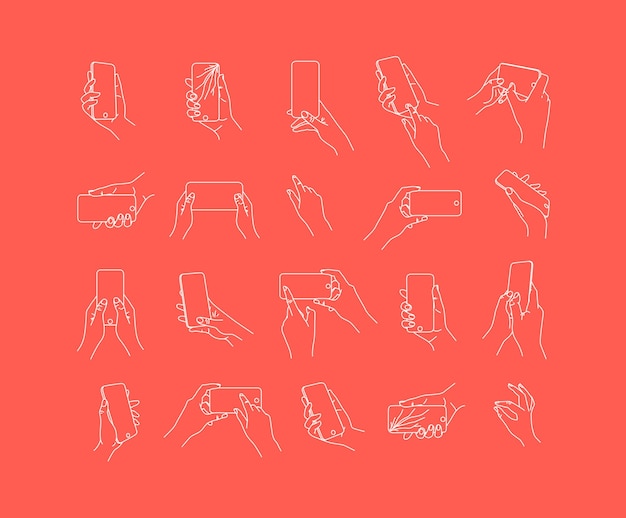 Set of hand phone in different positions and navigation drawing with thin lines on coral background.