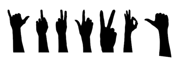 set of hand silhouettes isolated on white Vector collection of human hands of different gestures