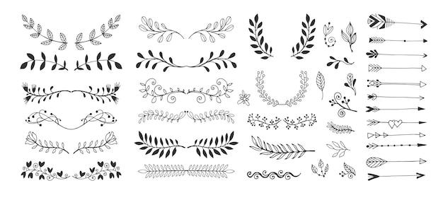 Vector set hand tekenen pagina scheidingslijnen randen en pijl doodle bloemen ontwerpelementen