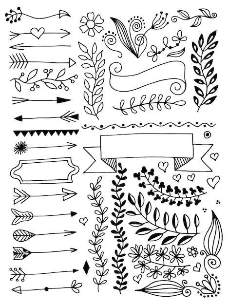 Set hand tekenen pagina scheidingslijnen randen en pijl doodle bloemen ontwerpelementen