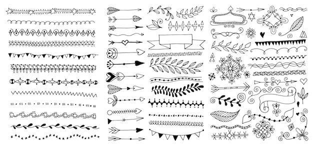 Vector set hand tekenen pagina scheidingslijnen randen en pijl doodle bloemen ontwerpelementen