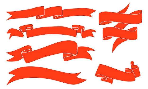 Set hand tekenen rode linten en tags, geïsoleerd op een witte achtergrond. vector illustratie