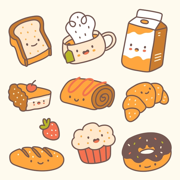 Vector set of handdrawn bakery in kawaii style