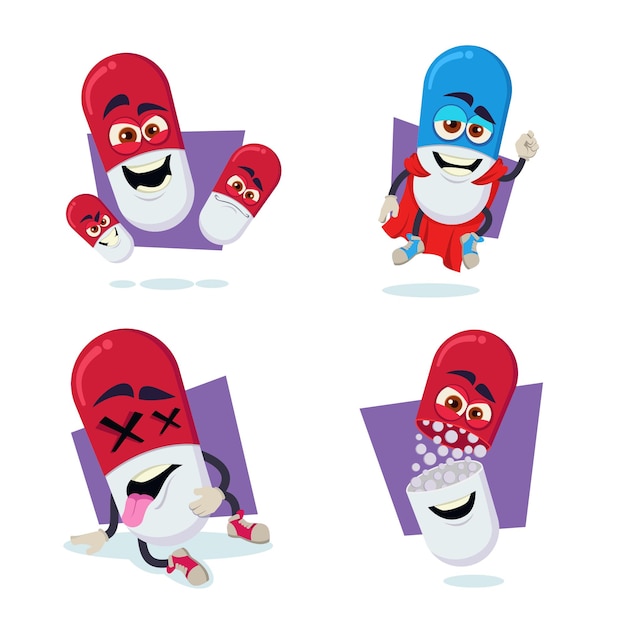 Set of handdrawn cartoon capsule characters laughing wearing red cape feeling unwell opening