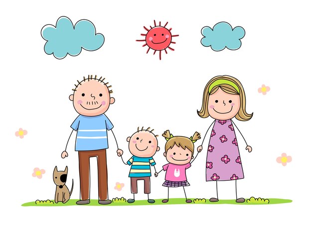 Vector set of handdrawn cartoon family holding hand together during a sunny day