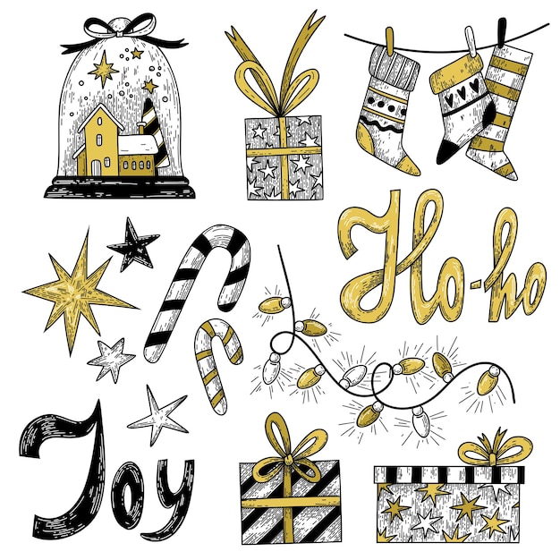 Set of handdrawn christmas elements in a graphic style