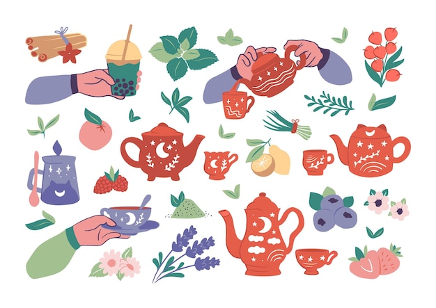 Set di tè clipart disegnati a mano la collezione teiera tazze foglie verdi frutti