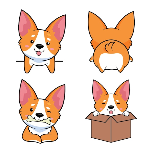 Set di cuccioli di corgi disegnati a mano che mangiano osso seduti nella vista posteriore della vista frontale della scatola