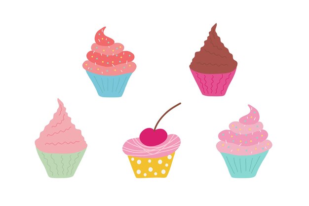 Una serie di cupcakes disegnati a mano su uno sfondo bianco con diverse creme e imballaggi per carte i