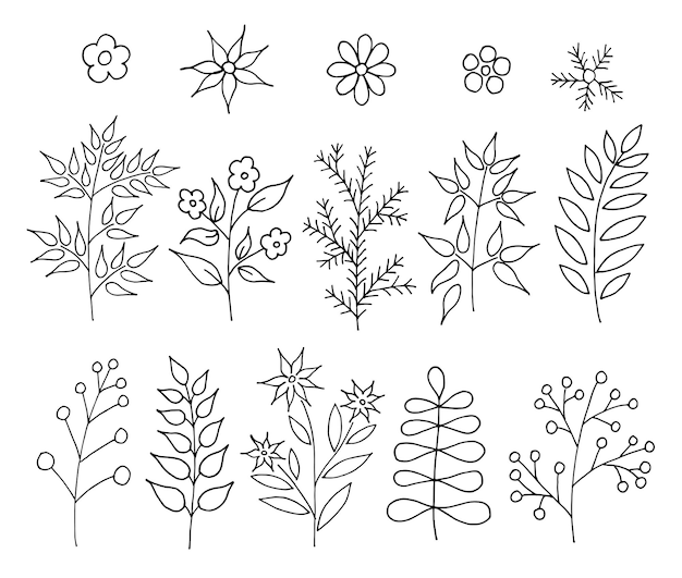 Vector a set of handdrawn doodle cartoon plants vector floral design elements