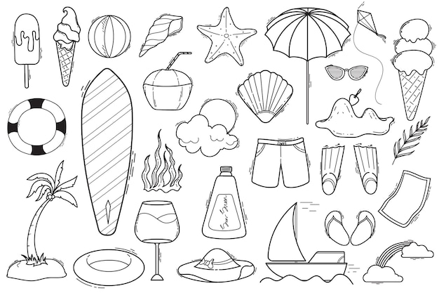 Set of handdrawn doodle illustrations of summer theme