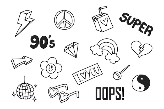 A set of handdrawn elements in the fashionable style of the 90s 2000s Y2K doodles isolated