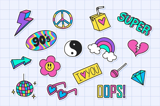 A set of handdrawn elements in the fashionable style of the 90s 2000s Y2K stickers school