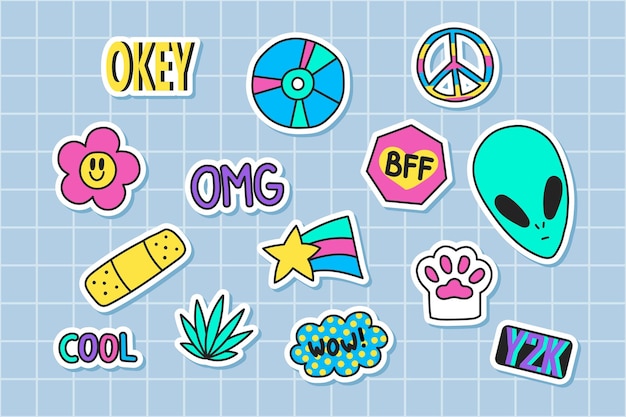 A set of handdrawn elements in the fashionable style of the 90s 2000s Y2K stickers for school