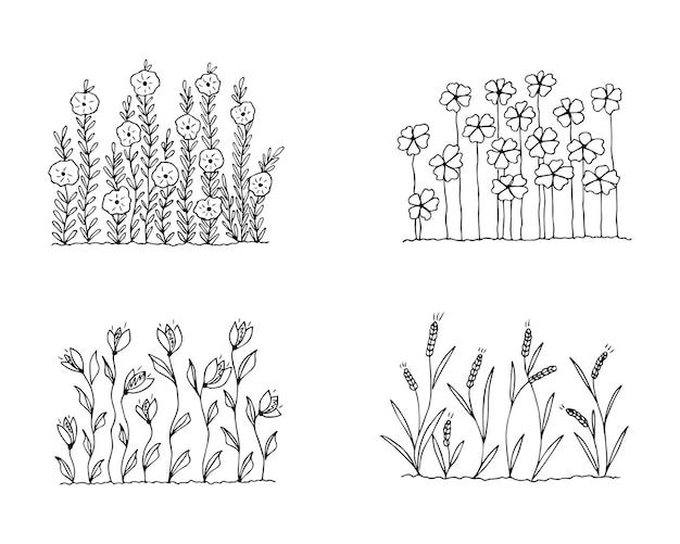 Set of handdrawn flowerbeds with flowers in doodle style