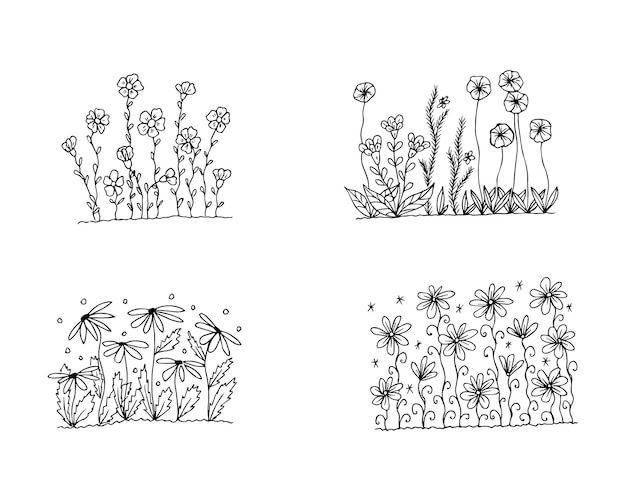 Set of handdrawn flowerbeds with flowers in doodle style