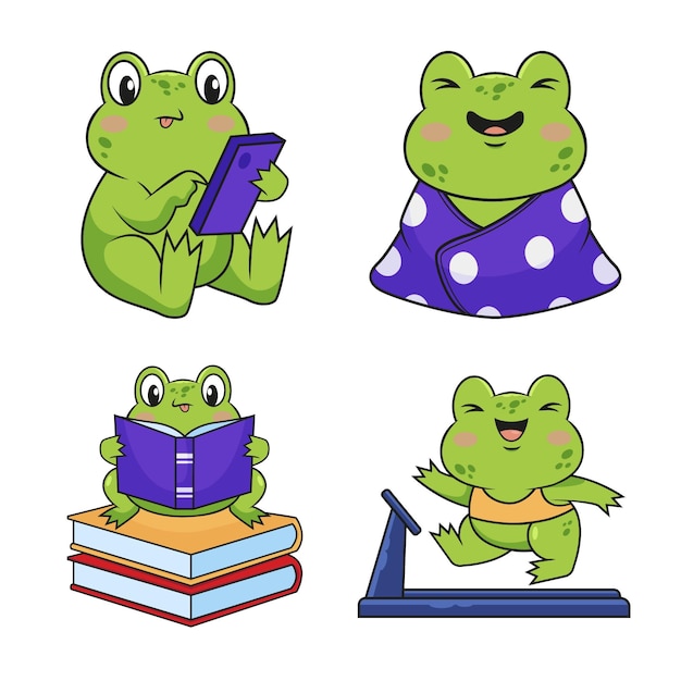 Набор нарисованных вручную лягушек с помощью смартфона, читающих книгу, сидящих, завернутых в одеяло, бегающих по беговой дорожке
