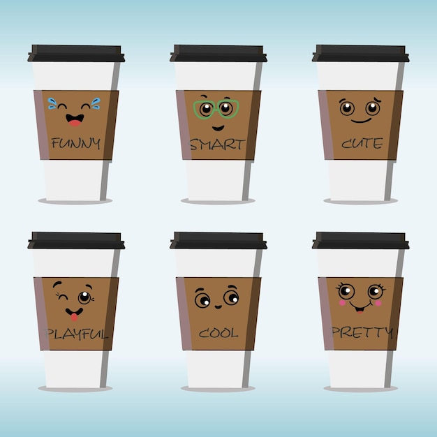 다른 감정과 다른 캡션이 있는 손으로 그린 재미있는 커피 컵 세트는 당신의 이모티콘을 선택합니다
