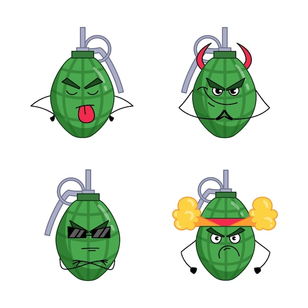 분노로 김이 나는 선글라스를 끼고 웃으면서 혀를 내밀고 있는 손으로 그린 수류탄 세트