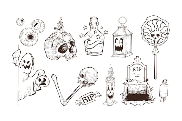 set of handdrawn halloween illustration