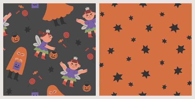 Set of handdrawn kids halloween party pattern