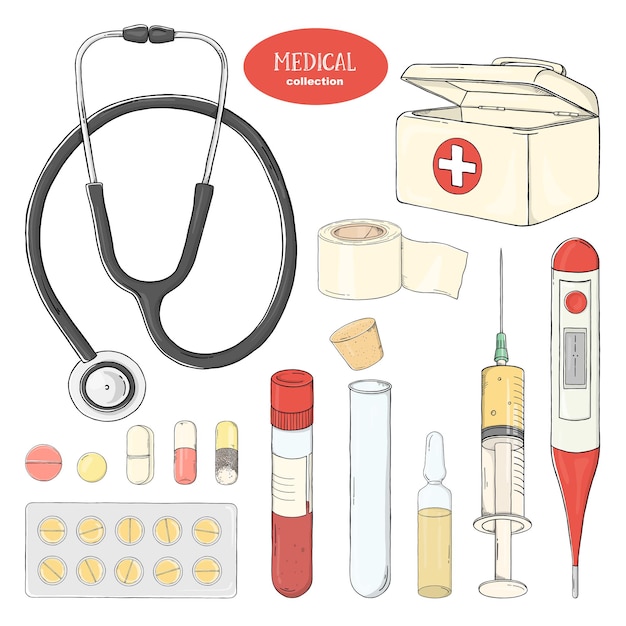 Vector set of handdrawn medical equipment and medicines