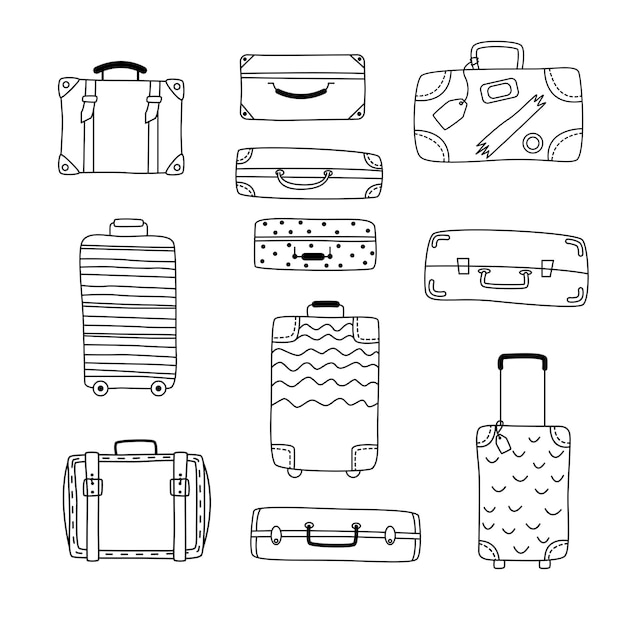 Set handdrawn outline suitcases Elements for design The concept of travel