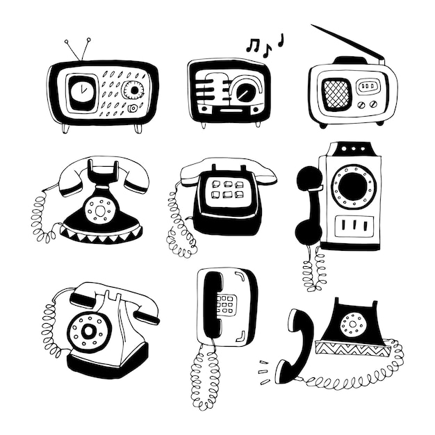 Set di telefoni e radio disegnati a mano