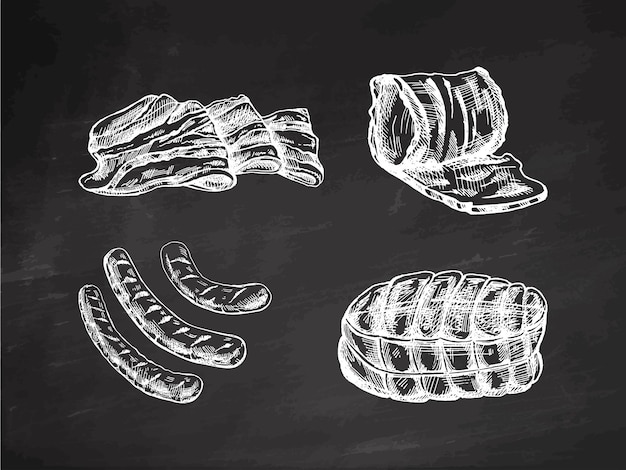 A set of handdrawn sketches of meat pieces bacon ham pork sausage on chalkboard background