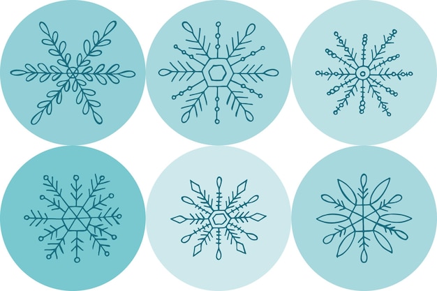 手描きの雪片のセット落書きスタイルのベクトル図冬の気分こんにちは2023年メリークリスマスと明けましておめでとうございます水色の背景に青い要素