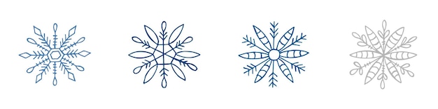 手描きの雪片のセット落書きスタイルのベクトルイラスト冬の気分こんにちは2023メリークリスマスと新年あけましておめでとうございます白い背景の上の青と灰色の要素