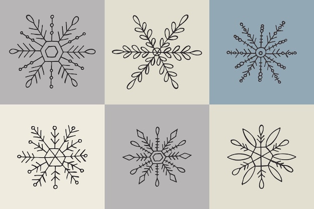 A set of handdrawn snowflakes Vector illustration in doodle style Winter mood Hello 2023 Merry Christmas and Happy New Year Gray elements on a gray background