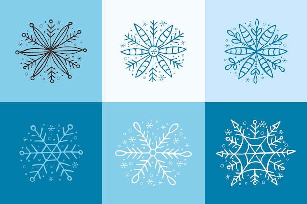 Una serie di fiocchi di neve disegnati a mano illustrazione vettoriale in stile doodle umore invernale ciao 2023 buon natale e felice anno nuovo elementi bianchi blu e grigi su sfondo azzurro