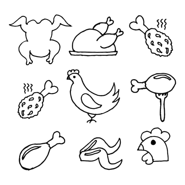 Vector set of handdrawn varied icons on the theme of chicken meat and chicken dishes