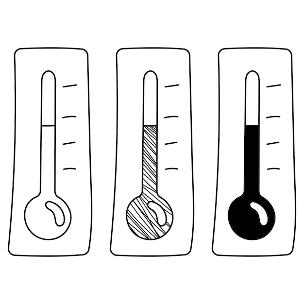Vector set of handdrawn vector thermometers in a doodle cartoon style