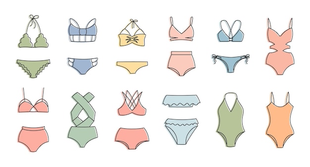 Set of handdrawn women's bikini swimwear on a white background Women's clothing icons sketch