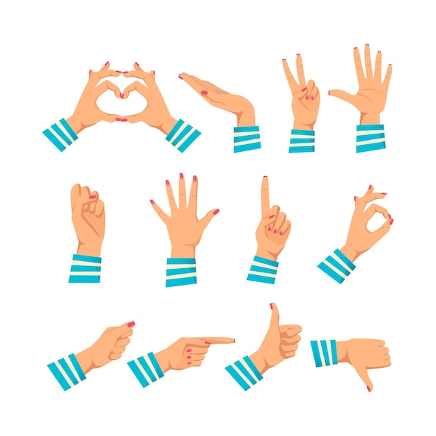 Set handen in verschillende gebaren, emoties en tekens