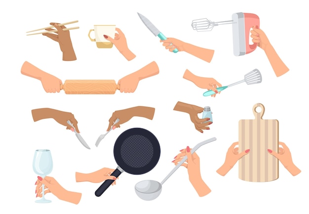 Vector set handen met keukengerei geïsoleerd op een witte achtergrond. vrouwelijke armen met mes, mixer en deegroller, kookpan, soeplepel, draaier met zout of snijplank. cartoon vectorillustratie