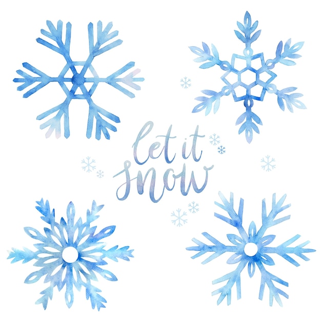 Set handgeschilderde blauwe aquarel sneeuwvlokken met handgeschreven Let it Snow.